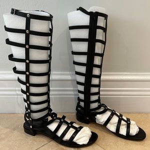 Stuart Weitzman Black Leather Cut out Accent Gladiator Sandal